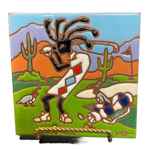 Earthtones Kokopelli Tile Golfer Golf USA Cactus Quail Desert 1999 USA Vintage‎